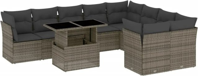 vidaXL 10-tlg Garten-Sofagarnitur aus grauem Poly-Rattan mit Kissen und Gartentisch in L-Form - Bild 1