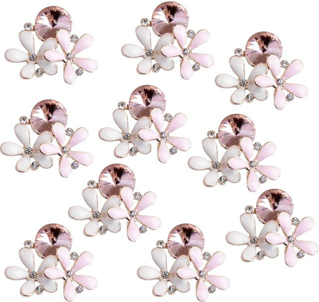 10 Stück DIY Mall Legierungsknöpfe in Blumenform mit Kristallen und flacher Rückseite, Farbe: Weiß, B/H: 2,2 x 2,4 cm - Bild 1