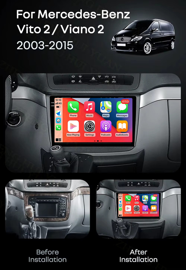TIEYEZ Android 16 Autoradio mit Carplay und QLED Display für Mercedes-Benz Vito 2 Viano 2 W639 (2003 - 2015), Navigation Multimedia-Stereo-Player mit GPS, Schwarz - Bild 2