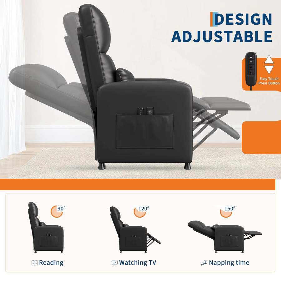 Garvee Elektrischer Massagesessel in Schwarz mit Liegefunktion, Wärmefunktion und Lendenstütze, TV-Sessel aus Kunstleder mit USB-Anschluss und Seitentasche - Bild 7