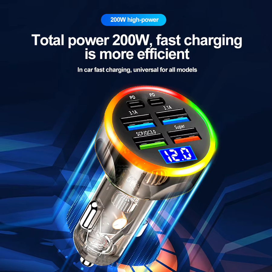 200W Auto-Ladegerät mit 6 Anschlüssen, PD QC3.0 USB-Schnelladapter mit Digitalanzeige für iPhone, Samsung und Xiaomi - Bild 2
