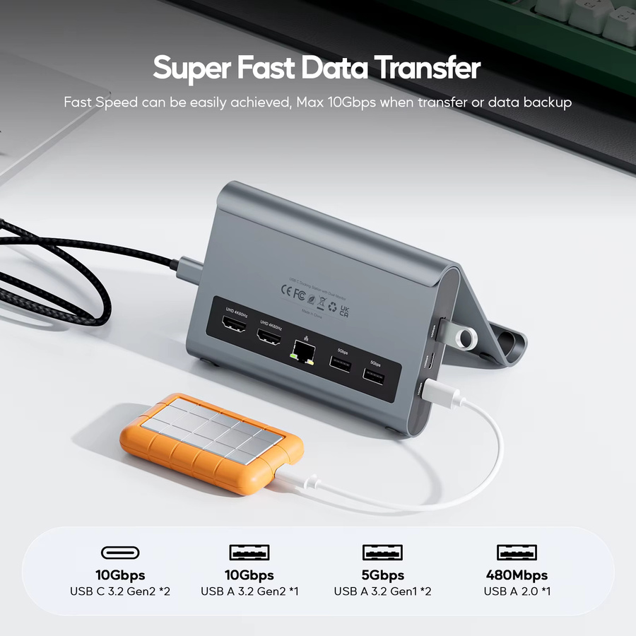 PULWTOP USB C Dockingstation in Grau mit 2 HDMI 4K, USB-C/A 10 Gbit/s, USB-A 5 Gbit/s und RJ45 für Surface Pro, Dell, HP und Lenovo - Bild 6