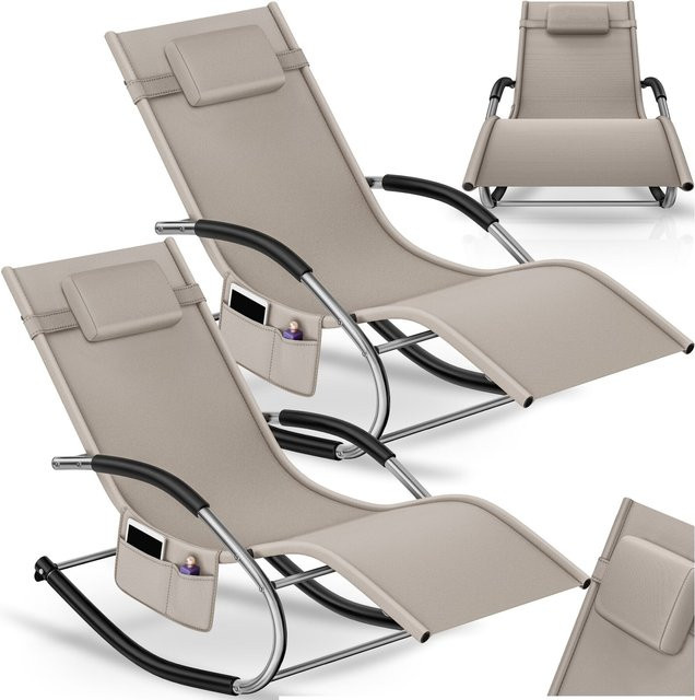tectake Gartenliege Taya 2er Set Beige mit Komfort-Schwingbewegung, ergonomischer Form, Textilene-Gewebe, verstellbarem Kopfpolster und Armlehnen, B/T/H: 146 x 62 x 92 cm - Bild 1