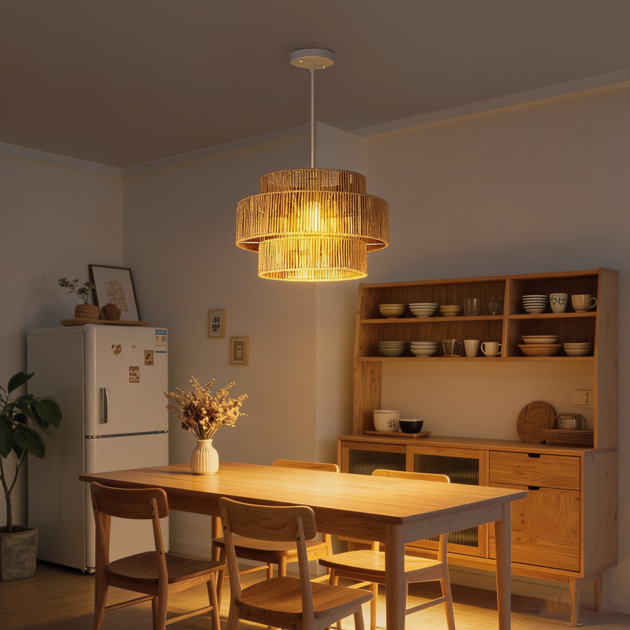 HOMCOM Pendelleuchte im Boho-Stil mit E27 Fassung und Lampenschirm aus Rattan in Hellbraun für Küche und Esszimmer - Bild 2