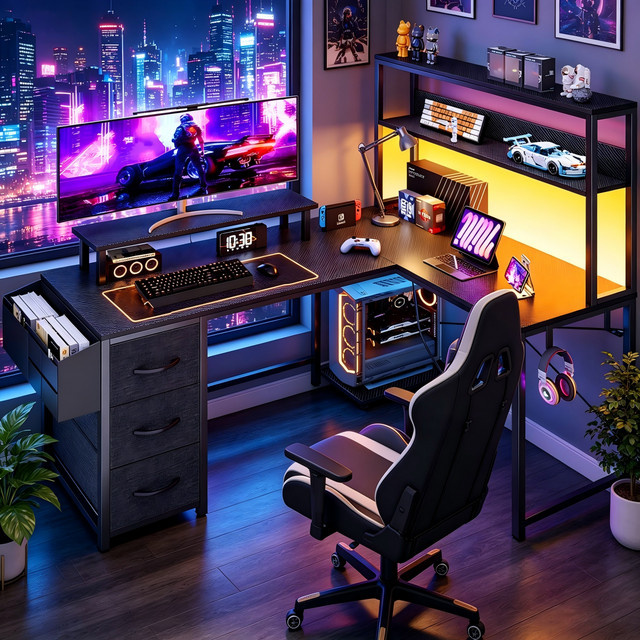 Mihtrov Eckschreibtisch in L-Form mit LED-Beleuchtung und integrierter Steckdose, Gaming-Schreibtisch in Schwarz mit Schubladen und Monitorhalterung - Bild 1