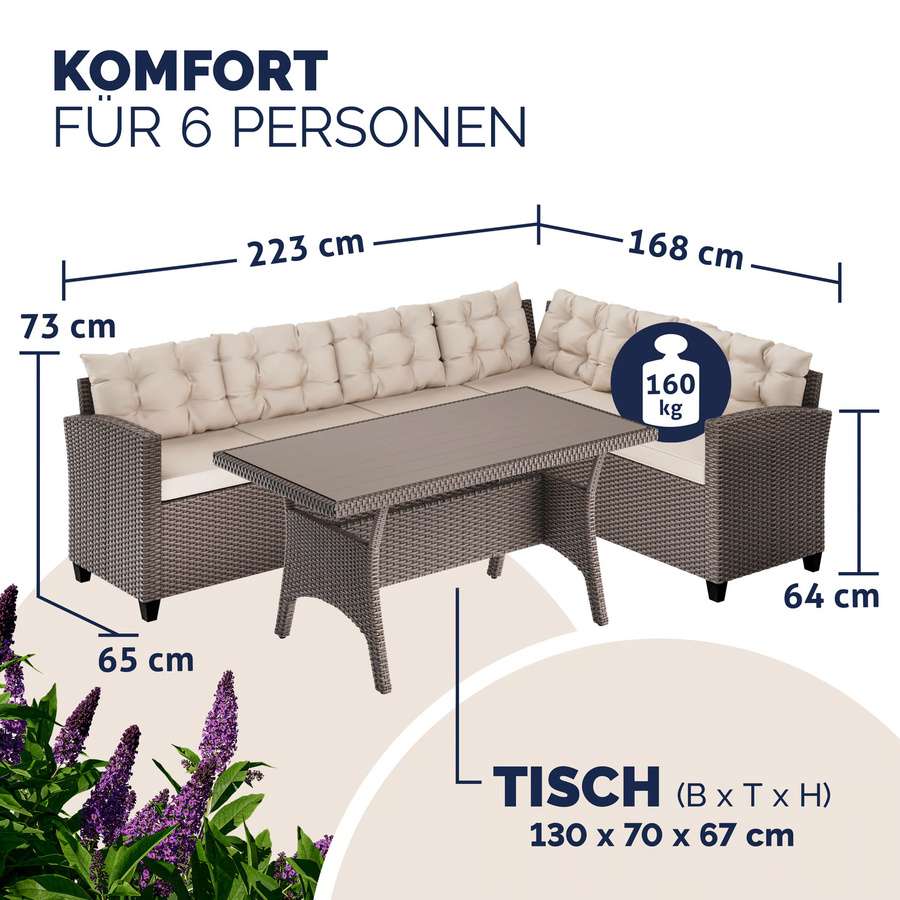 CASARIA Polyrattan Ecklounge in Beige mit Kissen und Outdoor-Couchtisch, L-Form, UV-beständig, B/T/H: 223 x 223 x 73 cm - Bild 2