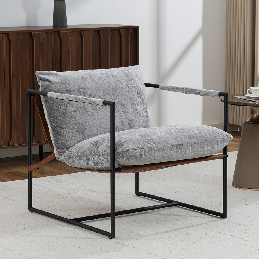HOMCOM Wohnzimmerfauteuil gepolsterter Beistellsessel aus bedrucktem Samt mit Stahlgestell in Hellgrau - Bild 2