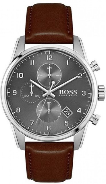 Hugo Boss Chronograph, Herrenuhr, Quarz, Edelstahl, 44 mm, Leder, Grau - Bild 1