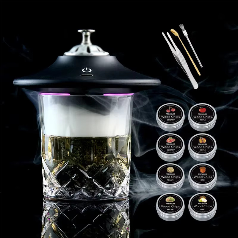 FLYMUYU Elektrisches Whiskey-Räucher-Set in Schwarz mit 8 Holzspänen, Eissteinen und Zubehör für Bourbon Whiskey - Bild 3