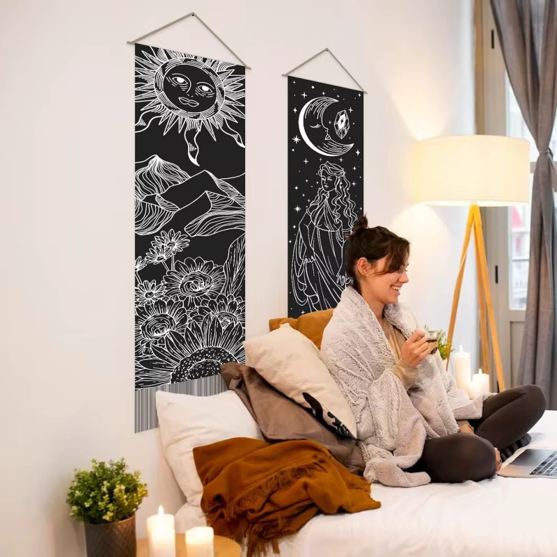 VIKAMA Doppelter Wandteppich im Boho-Stil mit Sonne, Mond und Sternen in Schwarz, B/H: 130 x 33 cm - Bild 4