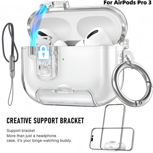 Transparente TPU-Schutzhülle für AirPods Pro 3, Pro 2 und AirPods 4 mit automatischer Pop-Up-Abdeckung, Trageschlaufe und Telefonhalterung in Transparent oder Blau - Bild 1