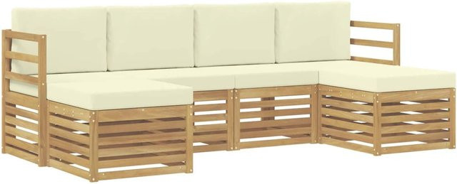 vidaXL Outdoor-Sofagarnitur 6-teilig in L-Form aus Akazienholz mit Polstern, Weiß und Beige, B/T/H: 245 x 122,5 x 73 cm - Bild 1