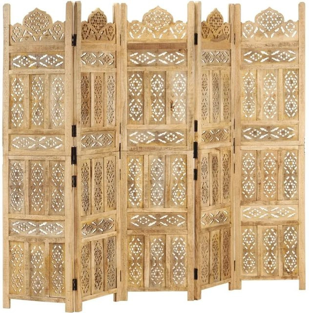 vidaXL 5-teiliger Raumteiler aus Mango Massivholz, handgeschnitzt, floral, braun, B: 200 cm, H: 165 cm - Bild 1