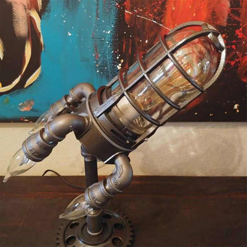 Retro Steampunk Rakete Nachtlicht als Desktop-Dekoration mit warmweißem Licht und Flammen-Effekt - Bild 4