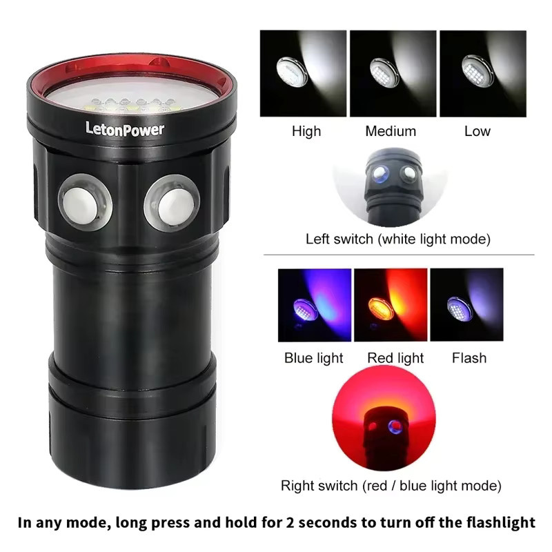 Leton Unterwasser Taschenlampe mit 27 LED für Fotografie und Video, wasserdicht bis 100m, Schwarz - Bild 3