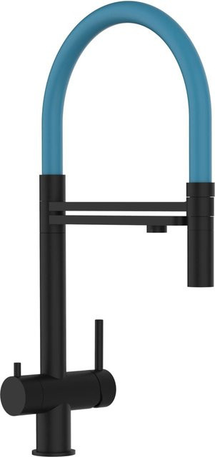 VIZIO 3-Wege Küchenarmatur aus Edelstahl mit 360° schwenkbarem Auslauf und abnehmbarer 2-Strahl Handbrause in Schwarz Matt und Hellblau - Bild 1