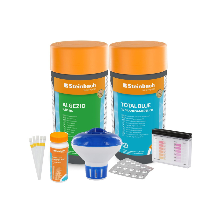 Steinbach Poolpflege Starter Set mit Algezid, Total Blue, 50er Teststreifen, Dosierschwimmer und pH-Chlor Testkit zur Wasserkontrolle - Bild 1