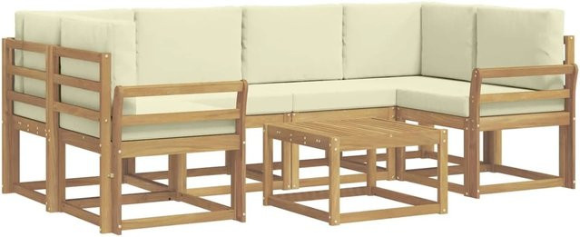 vidaXL Outdoor-Sofagarnitur aus Akazienholz in L-Form mit Kissen und Couchtisch, Weiß und Beige - Bild 1