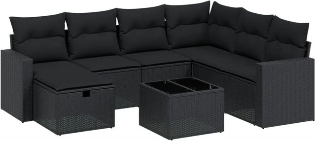 vidaXL 8-tlg Garten-Sofagarnitur in L-Form aus schwarzem PE-Rattan mit Kissen und pulverbeschichtetem Stahlgestell - Bild 1
