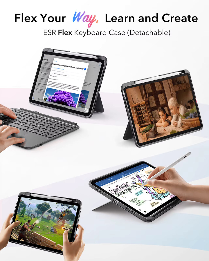 ESR Flex Tastaturhülle für iPad 12/11/10 Gen, magnetisch und abnehmbar, Farbe: Grau - Bild 2