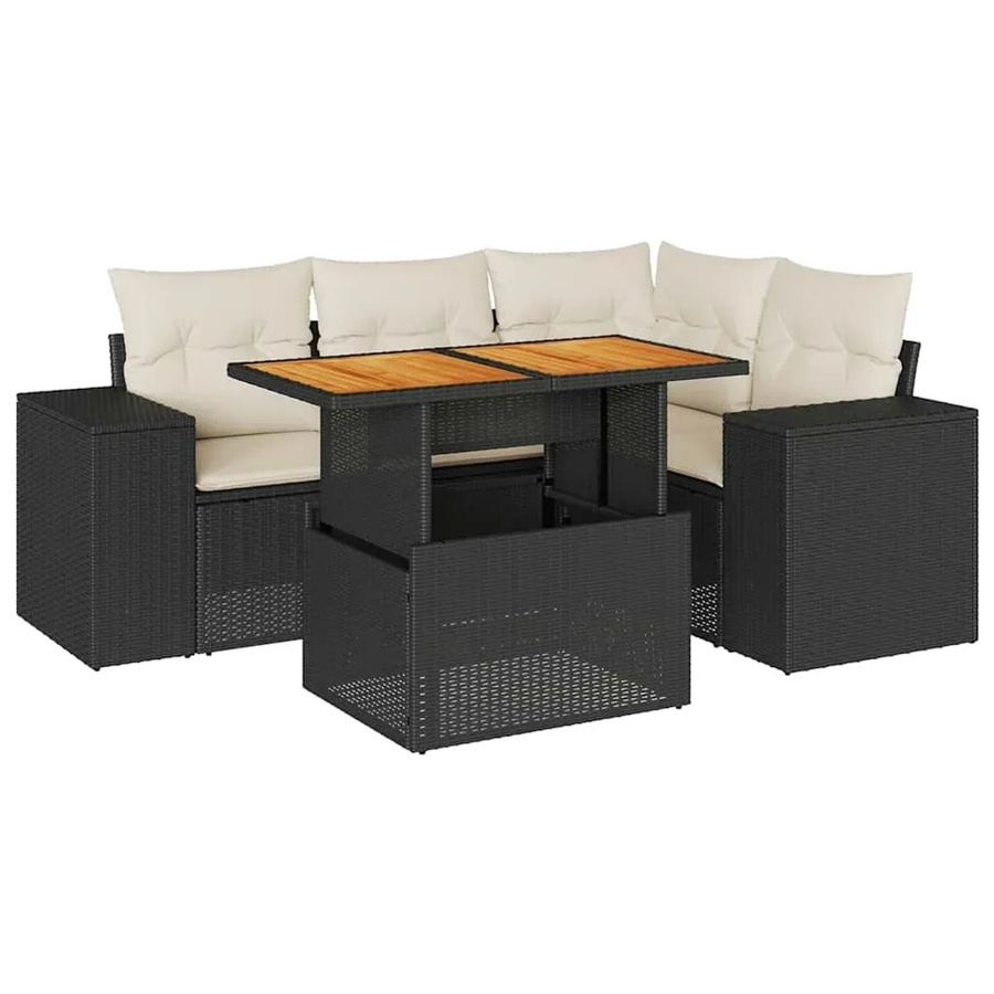 vidaXL 5-teilige Garten-Sofagarnitur aus Poly-Rattan und Akazienholz in Schwarz-Creme mit Kissen - Bild 2