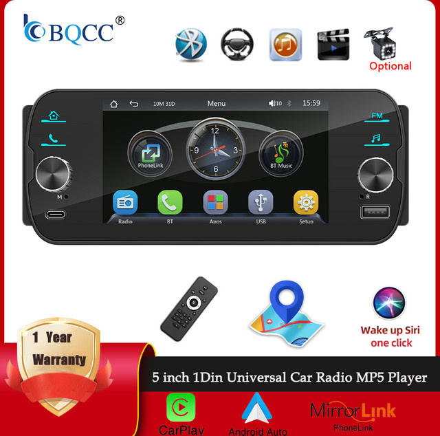 BQCC 1Din Universal Car Audio Player mit 5 Zoll Display, Wireless CarPlay und Android Auto, Bluetooth, FM sowie 7-Farben-Beleuchtung in Schwarz - Bild 1