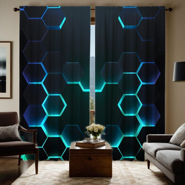 2er-Set dekorative Vorhänge mit geometrischem Hexagon-Muster und digitalem Print in Schwarz, B: 132 cm, H: 160 cm - Bild 1