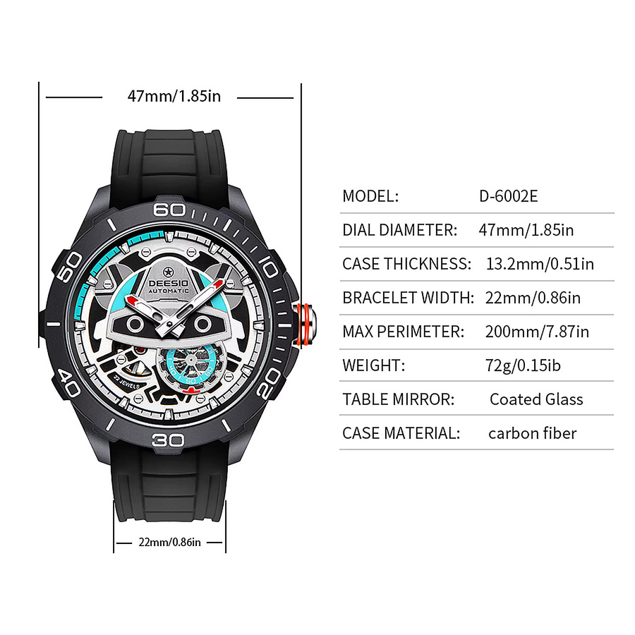 Deesio Armbanduhr Automatik, Kohlefasergehäuse, Silikon, Herren, Schwarz - Bild 5