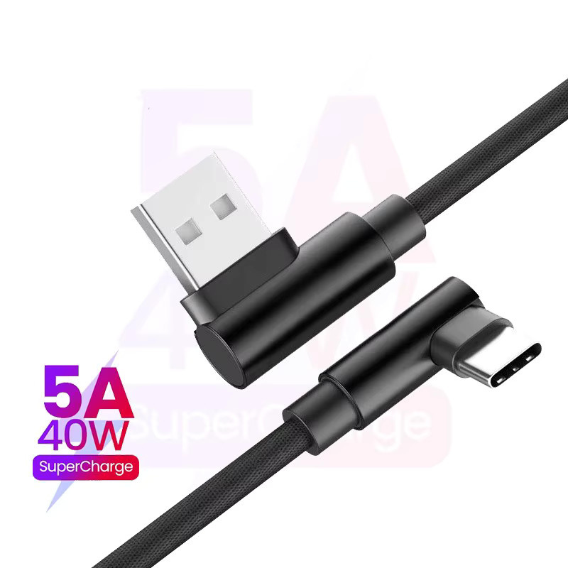 USB-C Ladekabel mit 40 W und 5 A, rechtwinkliges 90 Grad Ellenbogen-Design, geflochtenes Nylon, Schwarz - Bild 3