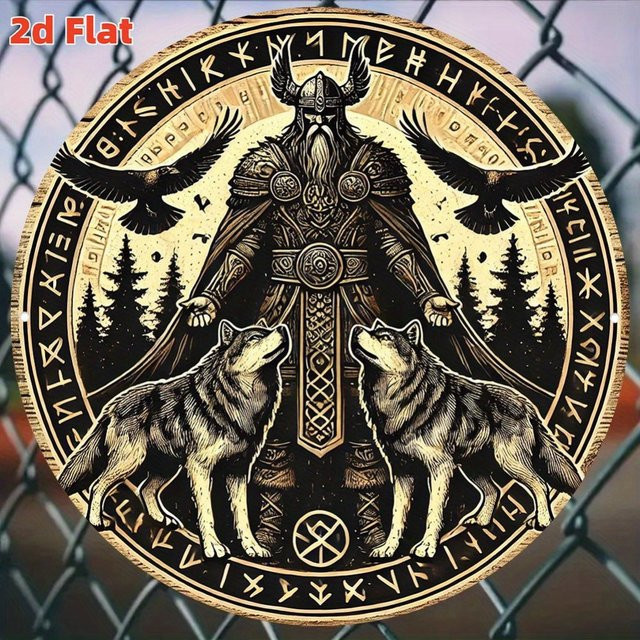 Hello Young Wanddekoration Odin Nordische Mythologie Aluminiumschild mit Wölfen, Multicolor, Durchmesser: 50,27 cm - Bild 1