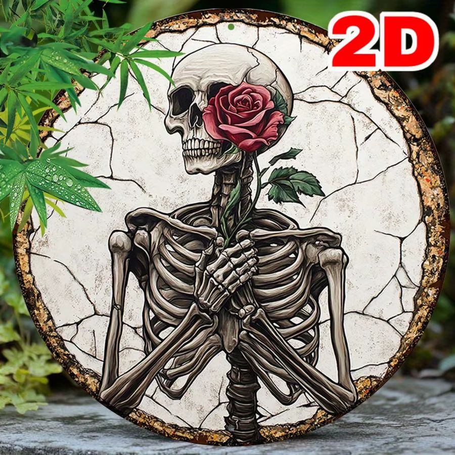 HELLOYOUNG Metallwandkunst Skelett in Rosa, rundes Aluminiumschild im Vintage-Stil zur Wandmontage, Durchmesser: 20 cm - Bild 1
