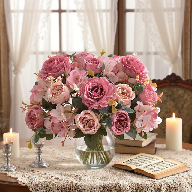 XIAOYINMO Künstliches Blumenbouquet aus Hortensien, Rosen und Pfingstrosen in Pink für Tischdekoration, Hochzeit und Valentinstag - Bild 1