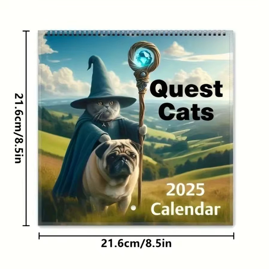 Mittelalterlicher Abenteuer-Katzenkalender 2025 als Wandbehang mit künstlerischen Katzenillustrationen in Mehrfarbig und Weiß - Bild 2