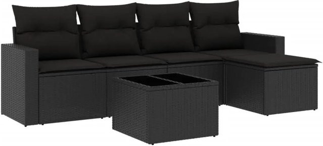 vidaXL 6-teilige Garten-Sofagarnitur in L-Form aus Polyrattan mit Kissen und Glastisch in Schwarz - Bild 1