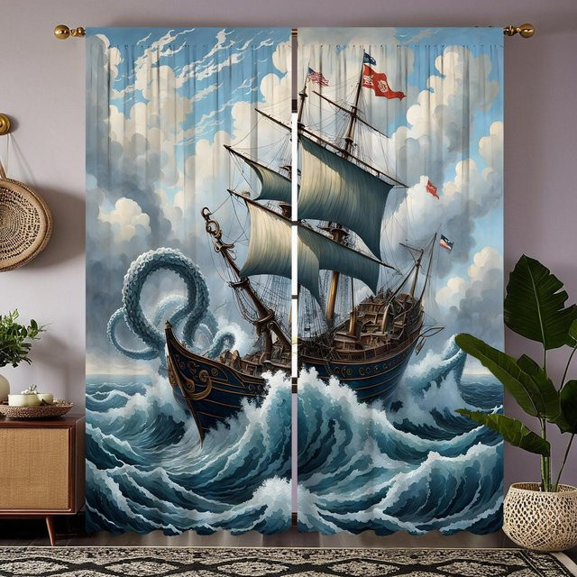 2er-Set dekorative Vorhänge mit Meer und Segelboot Motiv in Blau und Grau, halbtransparent, B: 132 cm, H: 160 cm - Bild 1
