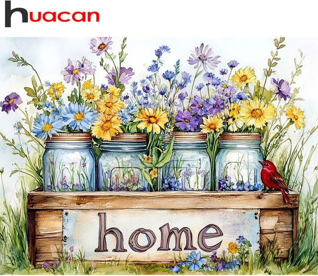 Huacan Diamond Painting Set Gänseblümchen-Flasche mit runden Steinen in Multicolour, B/H: 20 x 30 cm - Bild 1