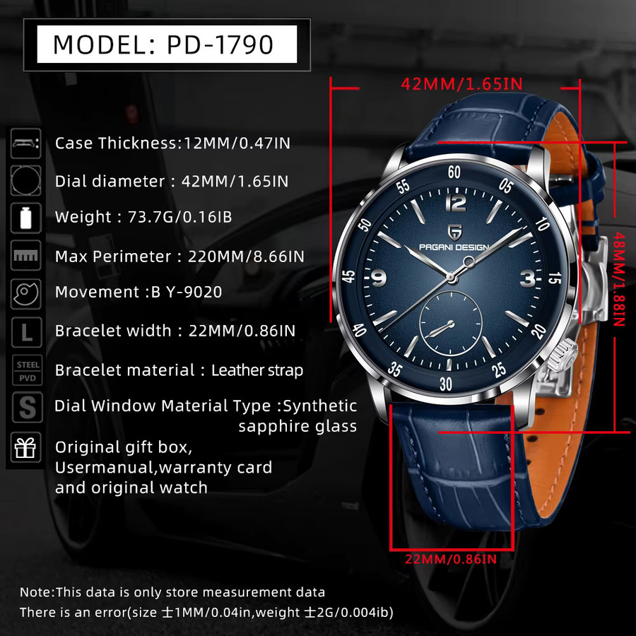 PGANI DESIGN Fliegeruhr, Automatik, Edelstahl, 42 mm, Leder, Herren - Bild 6