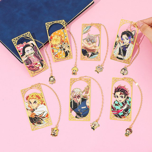 Demon Slayer Anime Metall-Lesezeichen mit Kette Tanjiro und Rengoku als Geschenk für Anime-Fans - Bild 1