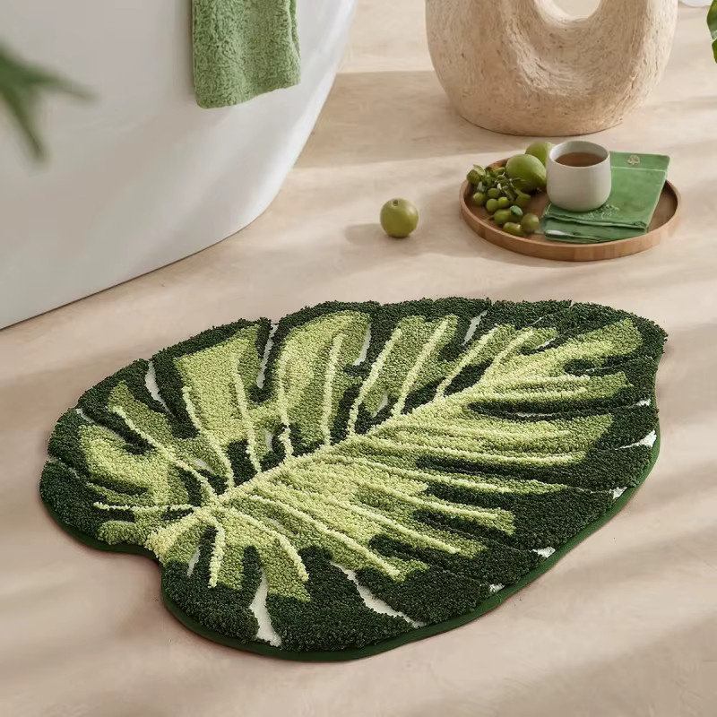 VIKAMA Badezimmer-Fußmatte mit tropischen grünen Blättern, weiche und rutschfeste Plüschmatte für Dusche und Badewanne in Grün - Bild 3