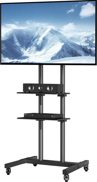 SucceBuy Mobiler TV-Ständer in Schwarz mit Rollen, höhenverstellbar und Doppelregal für audiovisuelle Geräte - Bild 1