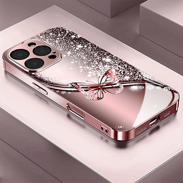Rosa Glitzernde Schmetterlings Schutzhülle aus gehärtetem Glas für Apple iPhone 11 12 13 14 15 16 17 Pro Max Plus und 16E 17Air - Bild 1