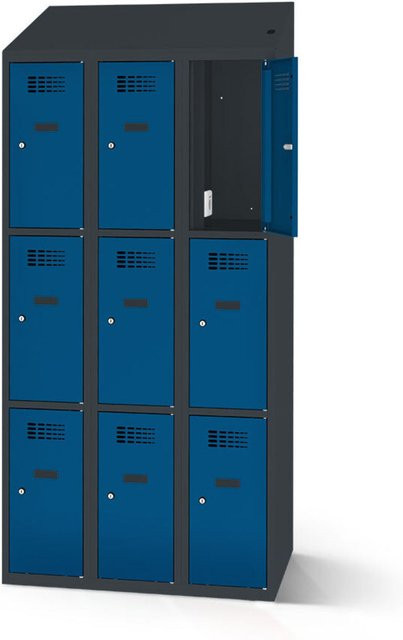 rotstahl Fächerschrank mit Ladefunktion und 9 Fächern in Dunkelblau mit anthrazitgrauem Korpus, B: 120 cm, H: 200 cm - Bild 1