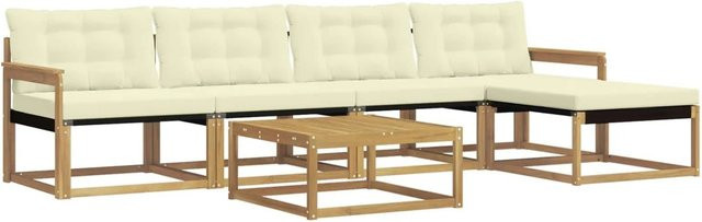 vidaXL Outdoor-Sofagarnitur 6-teilig aus Akazienholz mit Textilene und Polstern in Weiß und Beige - Bild 1