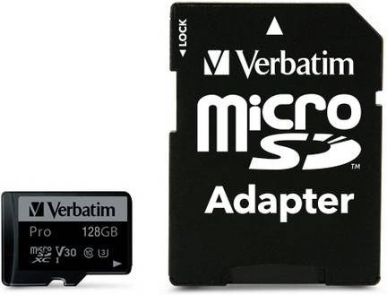 Verbatim microSDXC Speicherkarte PRO UHS-I V30 Class 10 mit 128 GB und Adapter in Schwarz - Bild 1