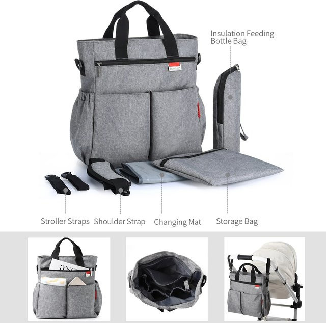 Multifunktionale Baby Windeltasche in Grau, wasserdichte Wickeltasche für Kinderwagen - Bild 1