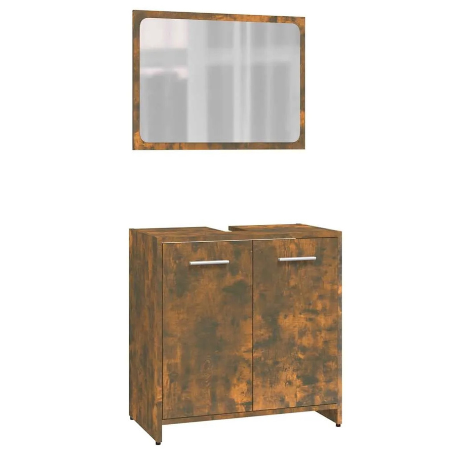 vidaXL Badmöbel-Set in Räuchereiche, modern und matt, bestehend aus Spiegelschrank und Wandunterschrank, Farbe: Braun - Bild 2