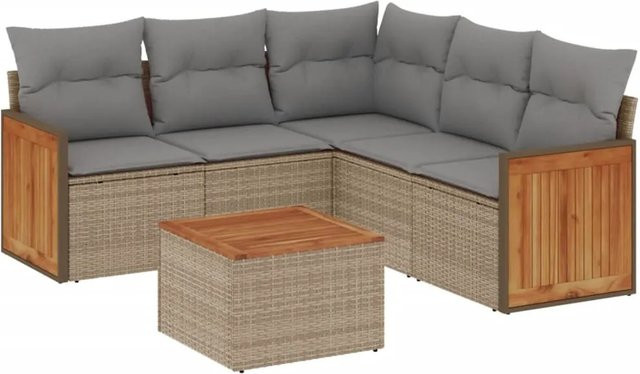 vidaXL 6-tlg Garten-Sofagarnitur in L-Form mit Kissen und Couchtisch, Beige, Poly Rattan und pulverbeschichtetem Stahlrahmen - Bild 1