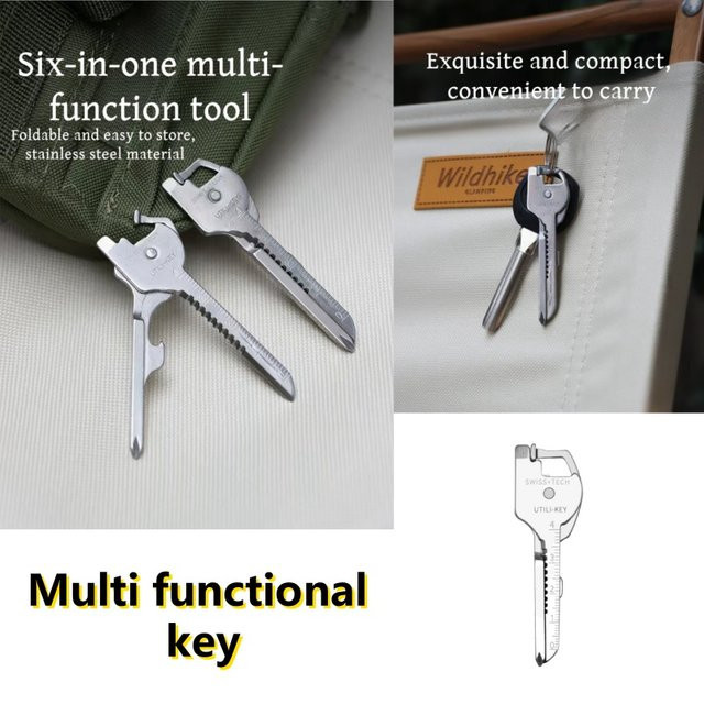 6in1 Mini Multitool aus Edelstahl in Silber mit Messer, Werkzeug, Skala und Schlüsselanhänger - Bild 1