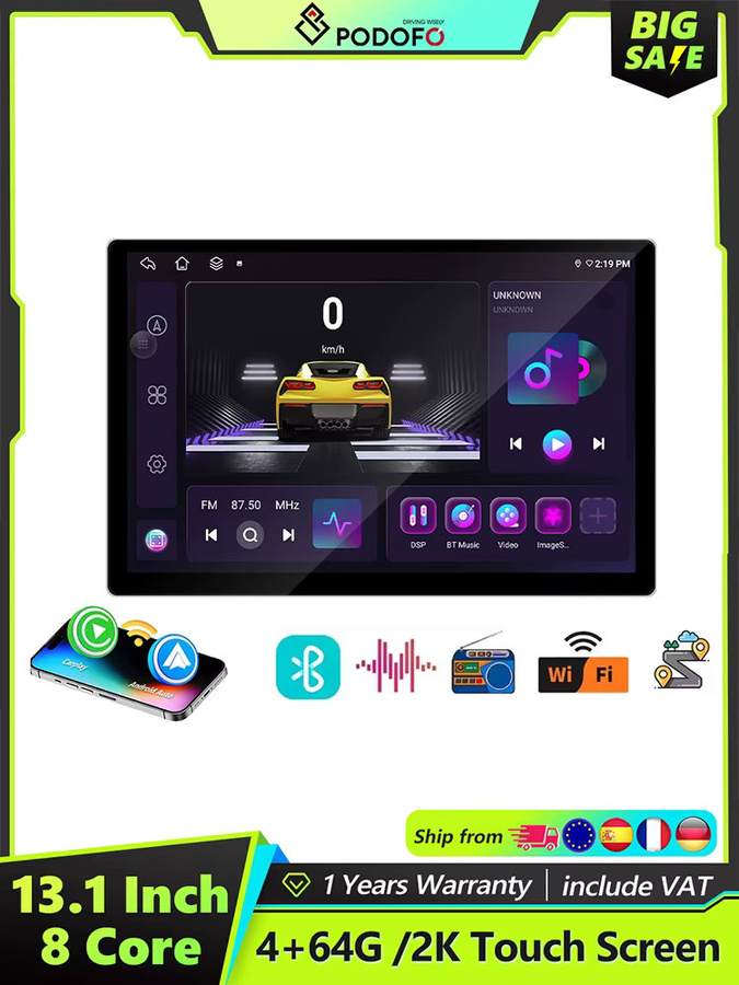 Podofo Android 8-Kern Auto-Multimedia-Player mit 13,1 Zoll Display, GPS-Navigation, Bluetooth, WLAN, 4G und Wireless Carplay sowie Android Auto in Schwarz - Bild 6