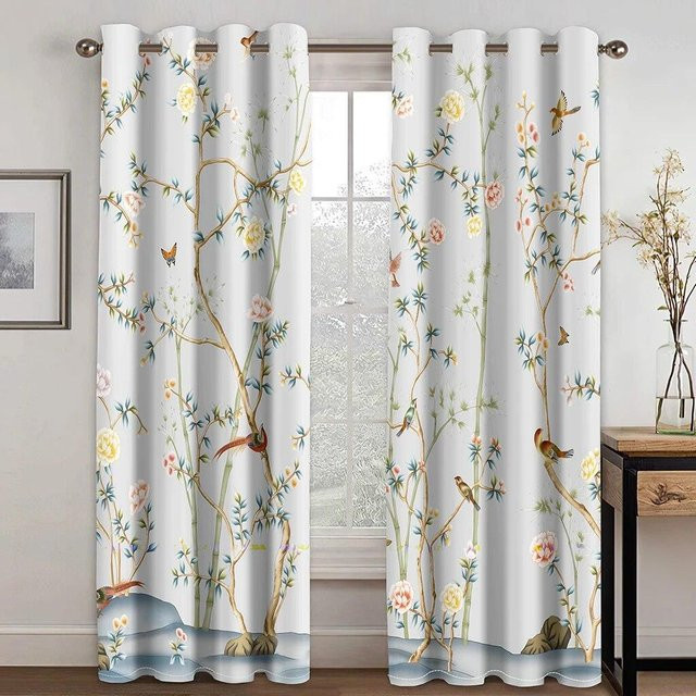 A Family Of Home Textiles Vorhänge mit Blumen- und Vogel-Design in Multicolour, semi-transparent mit 3D-Druck, B: 50 cm, H: 130 cm, 2er-Set mit Ösen - Bild 1